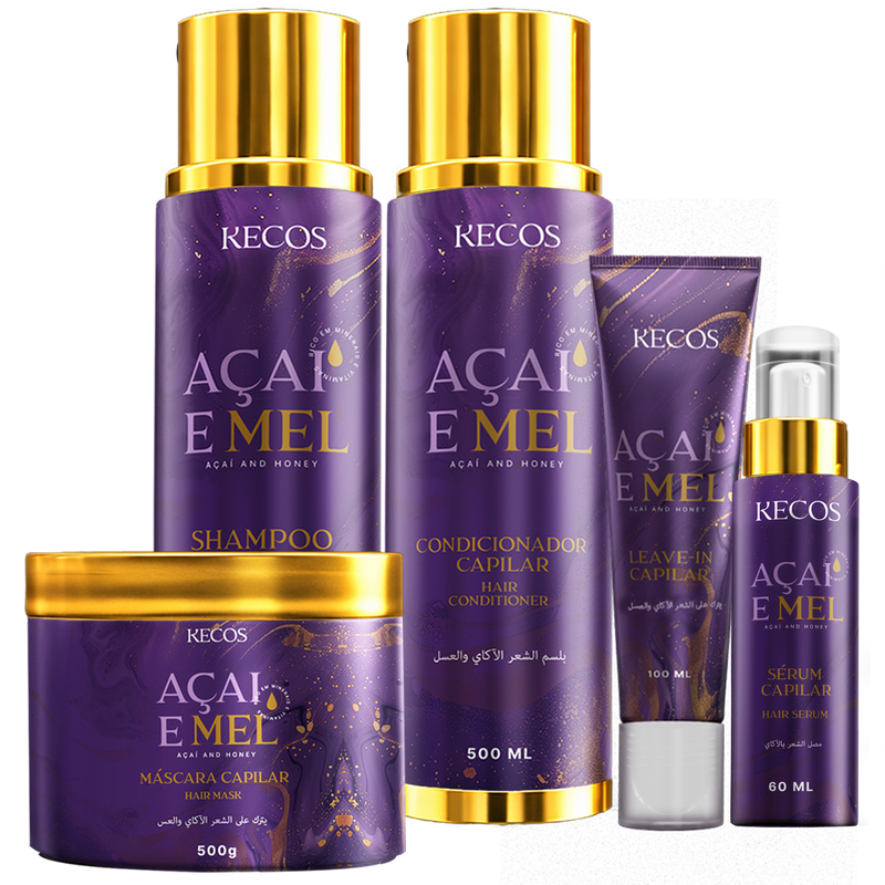 KECOS Brazilian Hair Care Kit 5 - Maximum Hydration, Reconstruction, Strengthening, Softness, Anti-frizz and Shine (Açaí & Honey)